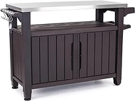 Keter Unity XL Portable Outdoor Table and Storage Cabinet with Hooks for Grill Accessories-Stainless Steel Top for Patio Kitchen Island or Bar Cart, Espresso Brown