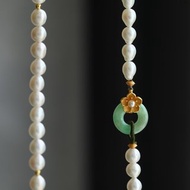 7mm天然原色淡水珍珠 純銀珍珠小花扣翡翠平安扣設計多圈手串項鍊