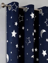 隔熱遮光窗簾,適用於兒童臥室,深藍色帶金屬星月圖案,適用於托兒所,長63英吋(約160.0厘米),星座環形帶發光星月裝飾,適用於男孩的光暗房間和小窗戶