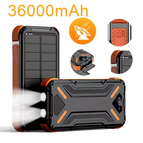 36000mAh Solar Power Bank With Dual USB Outputs, QC3.0 LED Flashlight, And USB-C Input, Perfect For
