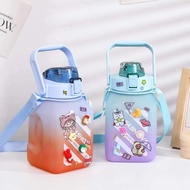 K1030  1500ML Large Capacity Water Bottle with Straw and sticker 方糖渐变色水瓶 (1500ml) Botol Air Besar