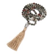 ZZOOI 6/8mm Natural Bloodstone 108 Mala Beaded Knotted Necklace Meditation Yoga Tibetan Buddha Head 