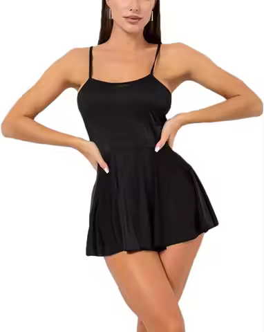 Women Mini Dress Spaghetti Strap Bodycon Cami Dress Sleeveless Pleated Skirt Summer Party Club Short
