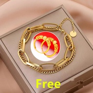 Original 18K Saudi Gold Pawnable Couple Bracelet Double Thick Bracelet for Women Fashion Jewellery Gifts Free Earrings