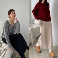 [HARPER] Back Slit Pit Pattern Brushed Long Skirt | Mid-Length [SKB61252H]