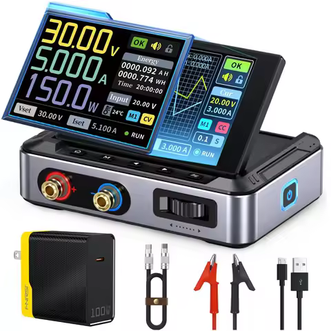 FNIRSI DPS-150 0-30V 0-5A CNC DC Power Supply,4-Digit IPS Display,20mV Power Ripple,PD/QC/DC Input,P