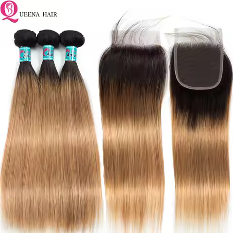 Straight Human Hair Bundles With Closure 1B/27 Honey Blonde Ombre Bundles With Closure Remy Straight