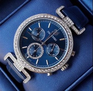 SWAROVSKI 藍色面盤 真皮錶帶 三眼 女士手錶5479239