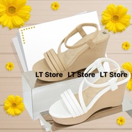 3-strap elastic-strap wedge shoes across the hips