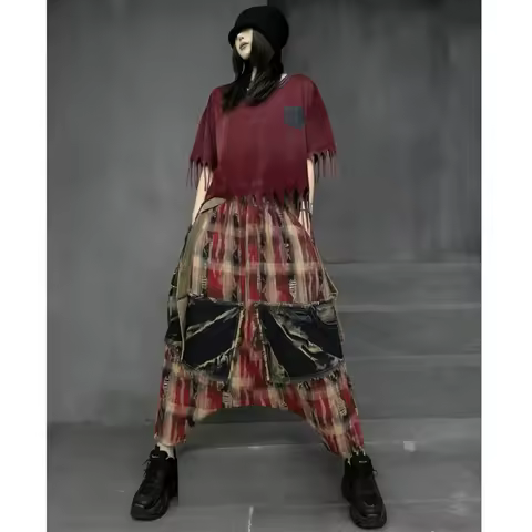 Trendy Cool Fashion Suit Women 2026 Summer Tassel Short-sleeve T-shirt + Denim Plaid Suspender Baggy