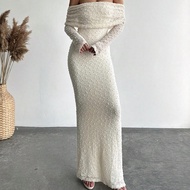 Váy vải họa tiết dài tay bó sát trễ vai màu mơ cho nữ, lãng mạn cho buổi tối hẹn hò & kỳ nghỉ, karao