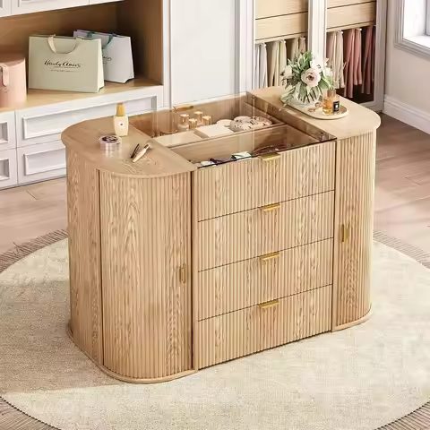 Tambour Closet Island with 8 Drawers & 8 Large Storage Space,Bedroom Armoire Island with Glass Top,F