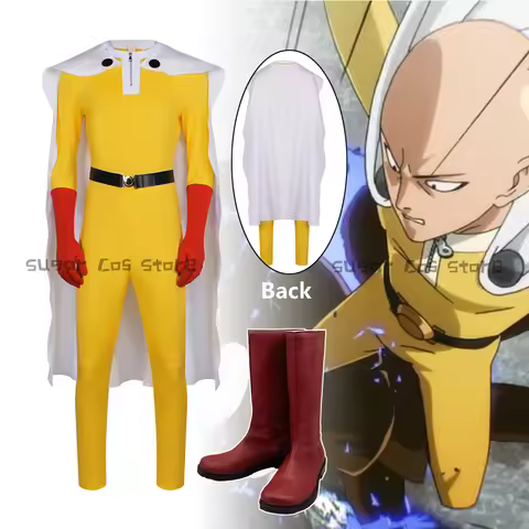 Anime One Punch-Man Saitama Cosplay Costume Yellow One-piece Suit White Cape Red Boots Halloween Car