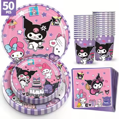 Sanrio 50pcs Kuromi Disposable Party Tableware Set, Suitable for Camping, Picnics, Wedding Birthday 