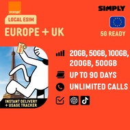 SIMPLY [eSIM] Orange | Europe/UK | Up to 90 Days | 20GB/50GB/100GB/200GB/500GB Data + Unlimited Call