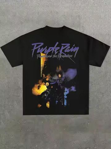 Men's black "Purple Rain" prince pattern street style printed short sleeved T-shirt Four season pure