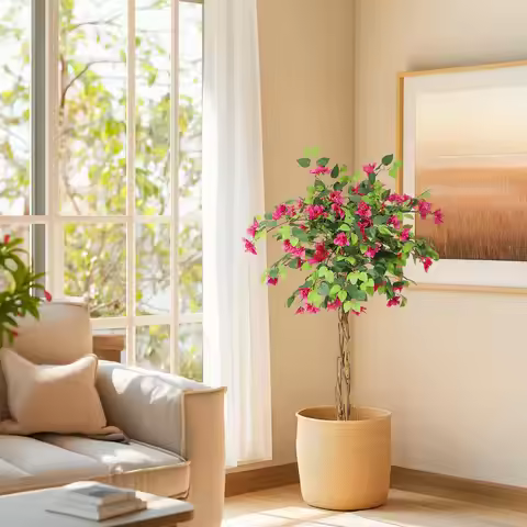 Artificial Bougainvillea Tree, Tall Potted Fake Bougainvillea Trees, Artificial Tree with Wood Trunk