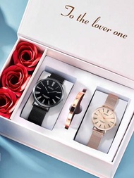 Conjunto de regalo de reloj de pareja Oupai, 2 piezas de relojes de pulsera ultra finos minimalistas de cuarzo para hombres y mujeres, con rosa de jabón y sets de regalo a prueba de agua