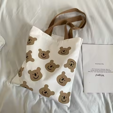 New Canvas Shoulder Bag for Women Girl Cartoon Teddy Bear White Female Handbags Cloth Shopping Bags