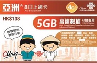 8日【亞洲】4G/3G 無限上網卡數據卡Sim咭 (首5GB高速數據)  [台灣地區停止數據服務] [H20]