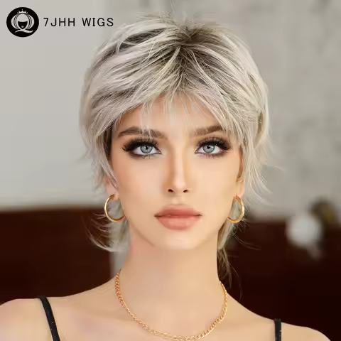 7JHH WIGS Short Straight Ombre Blonde Wig for Women Daily Cosplay Use Nathural Synthetic Black Bob W