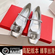 [Special Offer Shipping] Sheepskin Version!Fila Ballet Shoes Women Outer Wear Spring New Style Flat Bow Square Toe Soft Sole Silver Shoes
