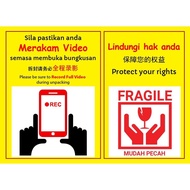 Malaysia Ready Stock Fragile Sticker Unboxing Sticker Unpacking Sticker Alert Sticker A6 Size
