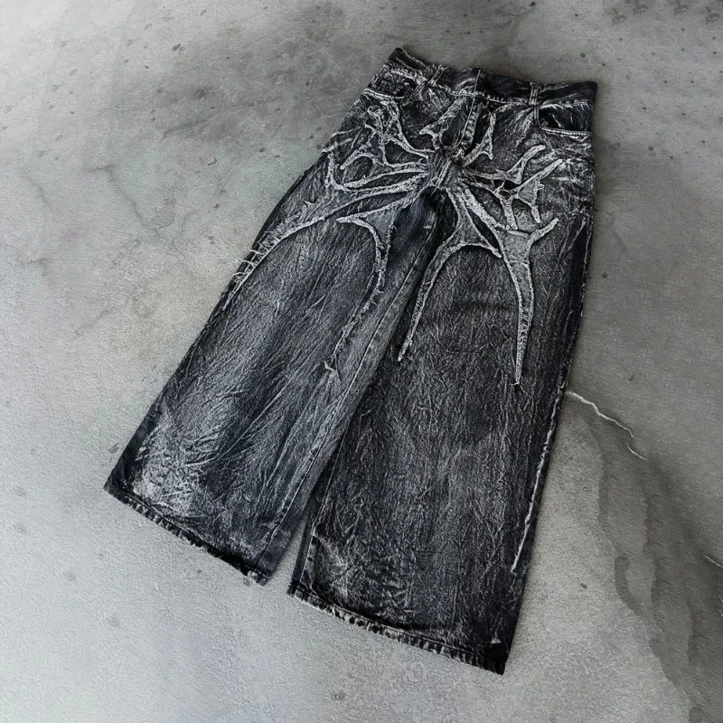 Vintage Y2K Baggy Jeans Splicing embroidery Pattern high quality jeans Hip Hop Gothic Streetwear men