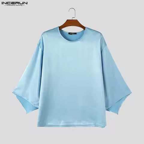 INCERUN Men T Shirt Satin Solid Color O-neck 3/4 Sleeve Loose Men Clothes Streetwear 2026 Fashion Ca