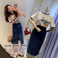 Skirt suit for women with high waist slit and hip coverage for women Cartoon printed short-sleeved T