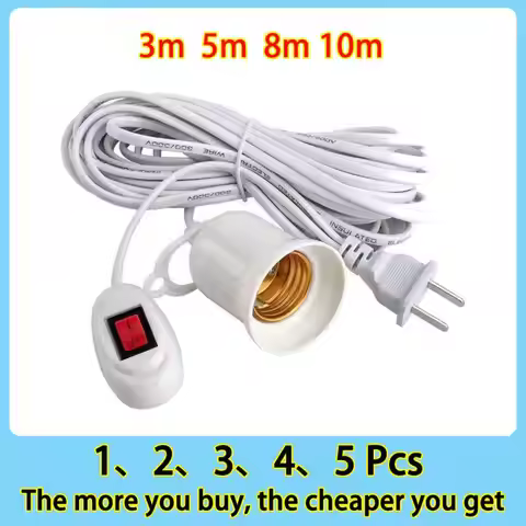 3/5/8/10m Power Cord Cables E27 Lamp Base Holder With Switch Wire For Pendant Led Bulbs Fixture Hang