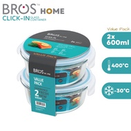 Bros Home "Click-In" Glass Container - (Value Pack) 2x Round 600ML