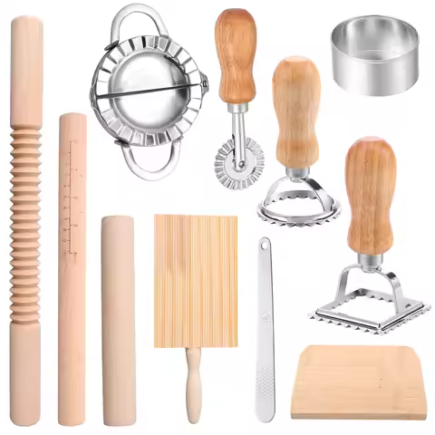9/11Pcs Pasta Making Tool Kit Multipurpose Pasta Making Set with Wooden Threaded Rolling Pin Gnocchi
