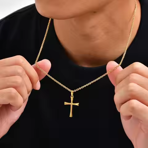Simple Gold Color Cross Necklace for Men,Stainless Steel Cross Sweater Chain Jewelry Gift