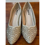 XES Women Elegant Gold High Heel Shoes | Beaded Embroidery Pointed Toe | Kenduri Wedding Raya Formal