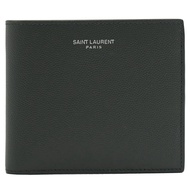 YSL 396307 燙印LOGO粒紋防刮牛皮對開八卡短夾.墨綠