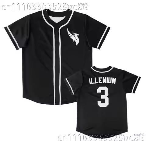 ILLENIUM Number 3 Baseball Jersey Button‑Up Unisex Shirts Logo Front Back Number Graphic Loose Fit C