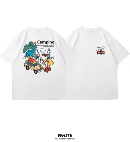 2026 Summer Men's Letter Camping Scene Cartoon Printed Round Neck T-shirt 100% Cotton Vacation Soft 