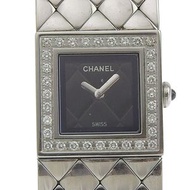 二手 CHANEL Matelasse 手錶，鑽石錶圈，H0489，不銹鋼，石英機芯，模擬顯示，黑色錶盤，女士。