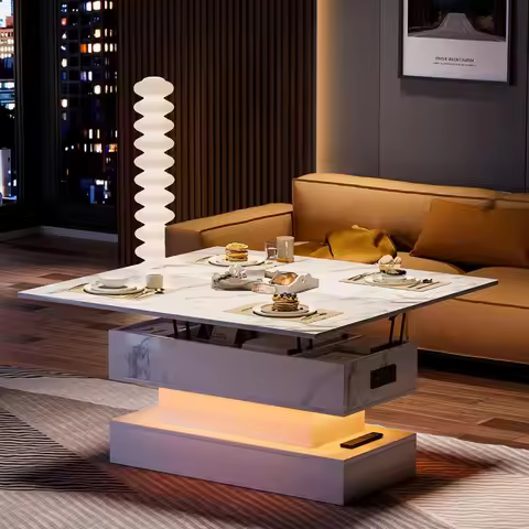 Lift Top Coffee Table with Charging Station,Modern High Glossy LED Coffee Table with Storage,3 in 1