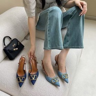 Denim heels for women classy elegant sandals tumit tinggi 2 inci kitten buckle Pointed heels wanita