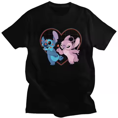 Custom Stitch Lilo Angel Heart Kisses T Shirt for Men Pure Cotton Tshirt Leisure Tee Short Sleeve T-