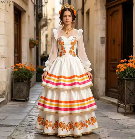 Women Mexican Traditional Folk Maxi Dress Sheer Ruffle Long Puff Sleeve Floral Costume Festival Danc