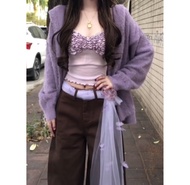 YUEZHONGWEI | เสื้อคาร์ดิแกน Mohair สีม่วง สำหรับผู้หญิง หนา