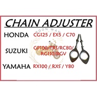 CHAIN ADJUSTER HONDA SUZUKI YAMAHA- HONDA CG125/C70/EX5, SUZUKI GP100/TRS/RC80/RG110/RGV, YAMAHA RX100/RXS/Y80