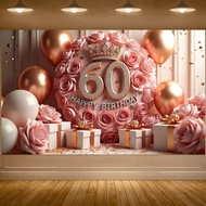60th Happy Birthday Party Banner Backdrop for Women Pink Rose Gold 60th Birthday Banner Backdrop for