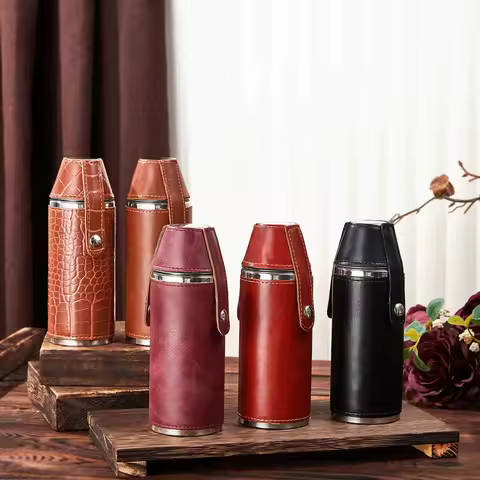 8OZ Leather Hip Flask Whiskey Pockets Liquor Flask for Alcohol Stainless Steel