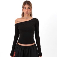 Haven Studio Long-Sleeved Off-Shoulder T-Shirt Bodycon Women's Crochet Form Embellished One-Shoulder