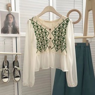 Big Size Blouse Rajut Lengan Sifon Atasan Wanita Motif Kotak Bunga2 Lucu Retro Korea