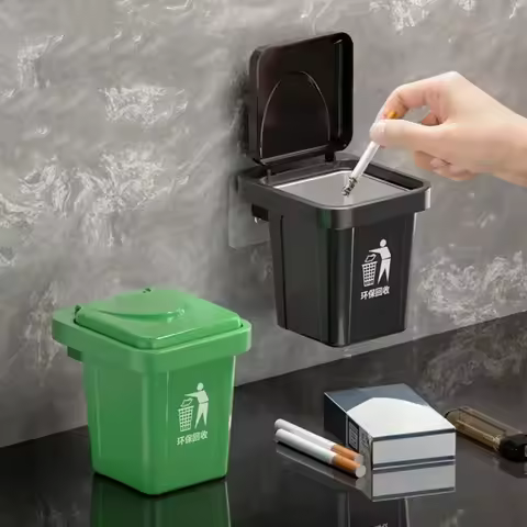 Dustbin Ashtray With Cover, Stainless Steel Ashtray, Bathroom Wall Hanging, Groove Dust-Proof Ashtra